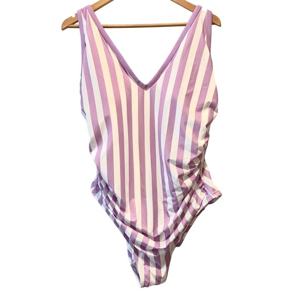 Kona Sol Plus One Piece Purple Stripe Print V-Neck High Leg Swim Suit 22W Plus - Picture 2 of 10